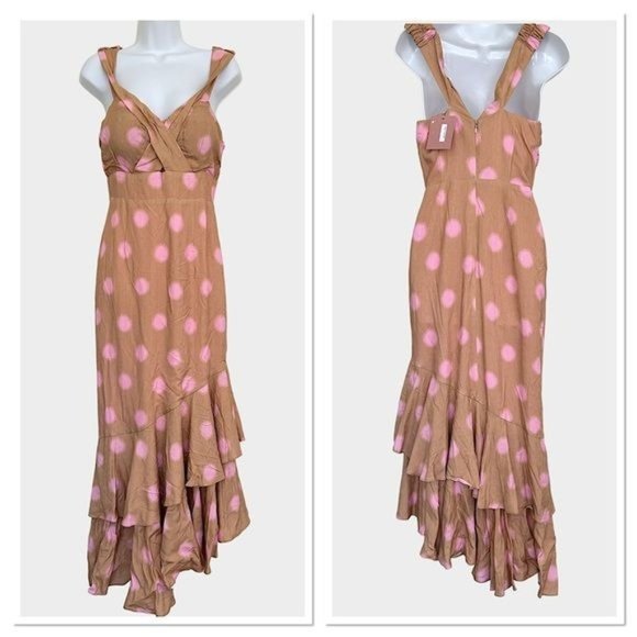 RAISSA Romantic Tiered Ruffle Maxi Dress in Nude Gold Pink Polka Dot Sz XS-S NWT - Picture 1 of 15
